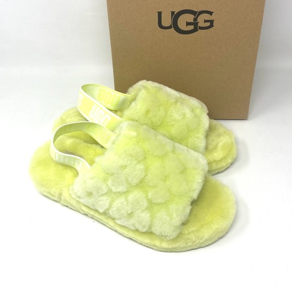 UGG Women Size 7 1118459 PLLN Fluff Yeah Poppy Yellow Pollen Fur Slides Slippers - Picture 3 of 10